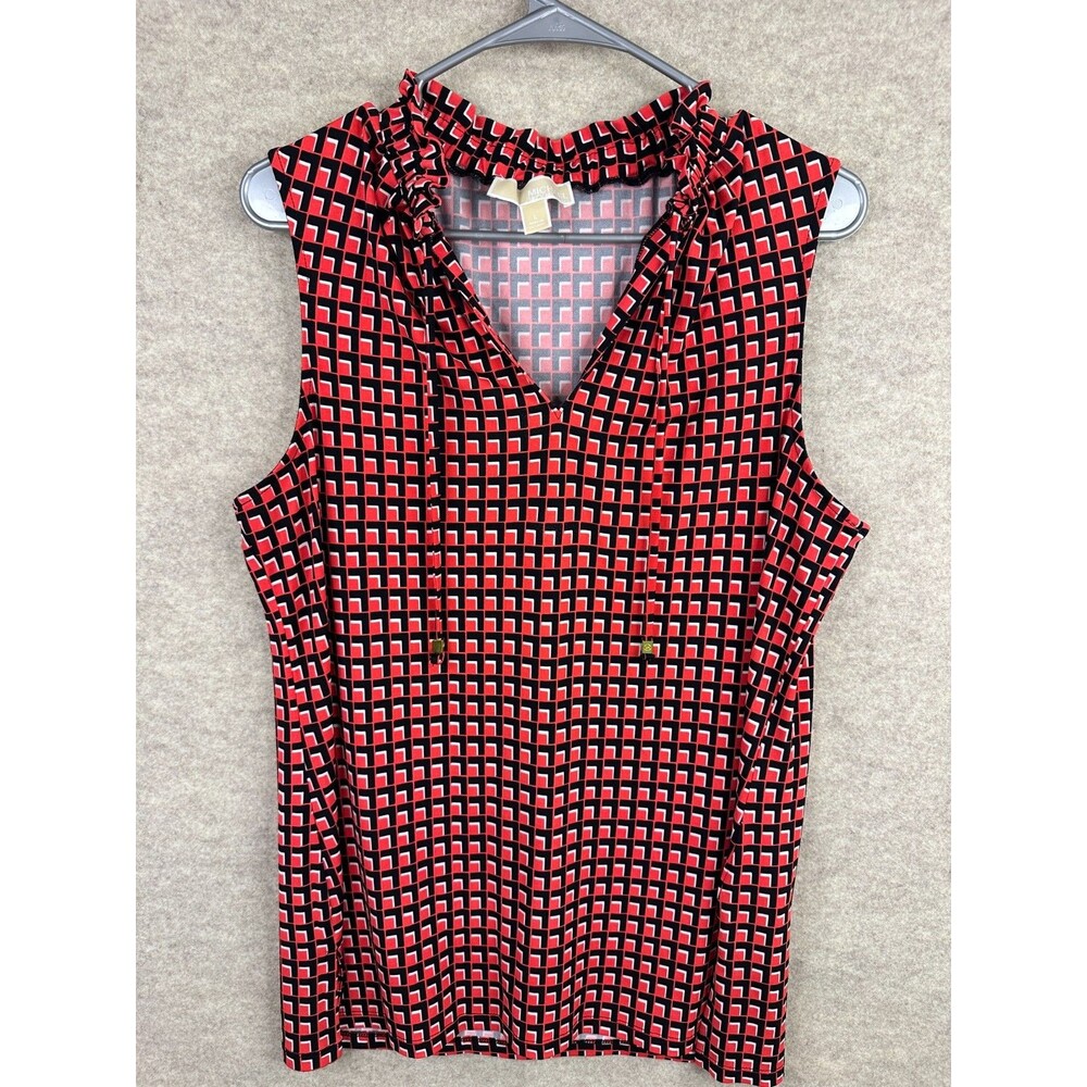 Michael Kors Womens L Red Black Geometric Print Sleeveless Ruffle Top